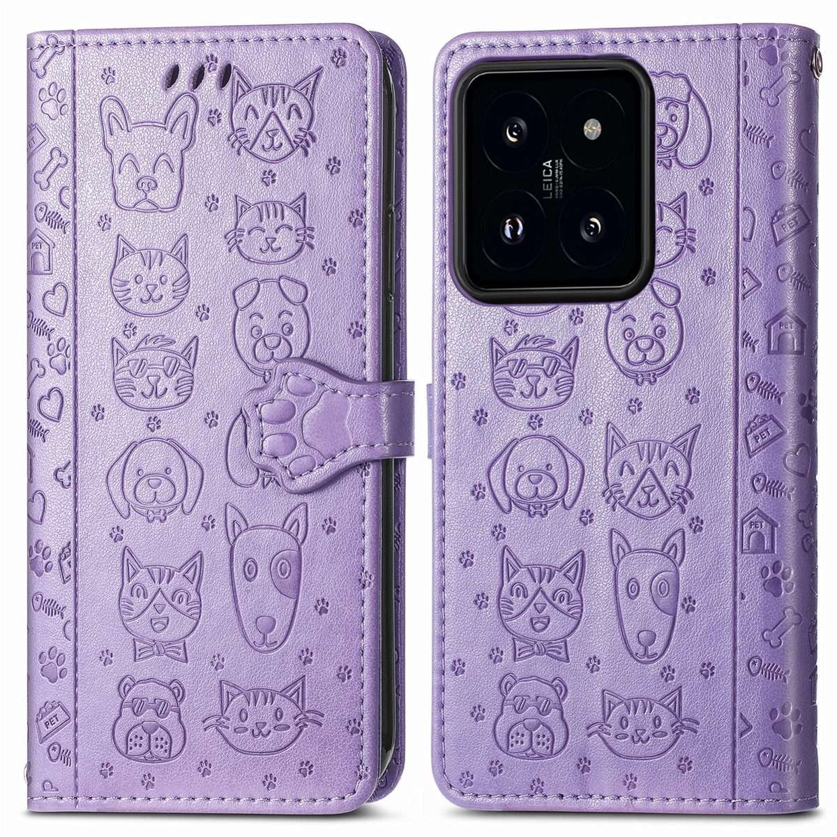 For Xiaomi 14 Pro Cat and Dog Embossed Leather Phone Case(Purple)