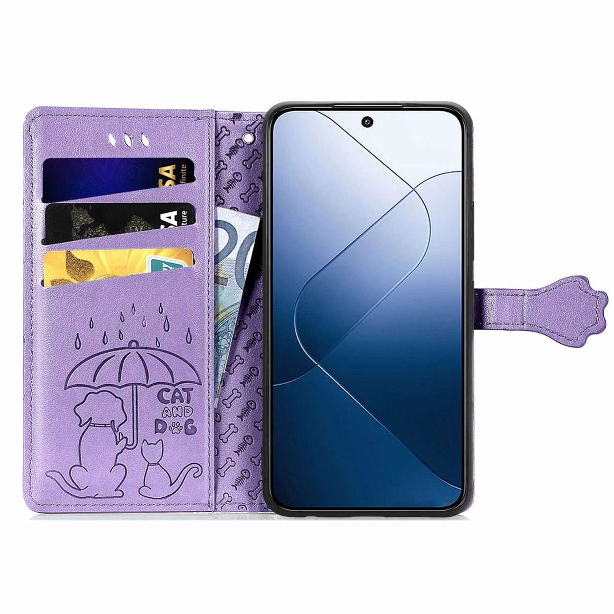 For Xiaomi 14 Pro Cat and Dog Embossed Leather Phone Case(Purple)
