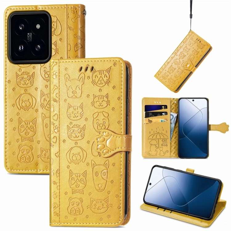 For Xiaomi 14 Pro Cat and Dog Embossed Leather Phone Case(Yellow)