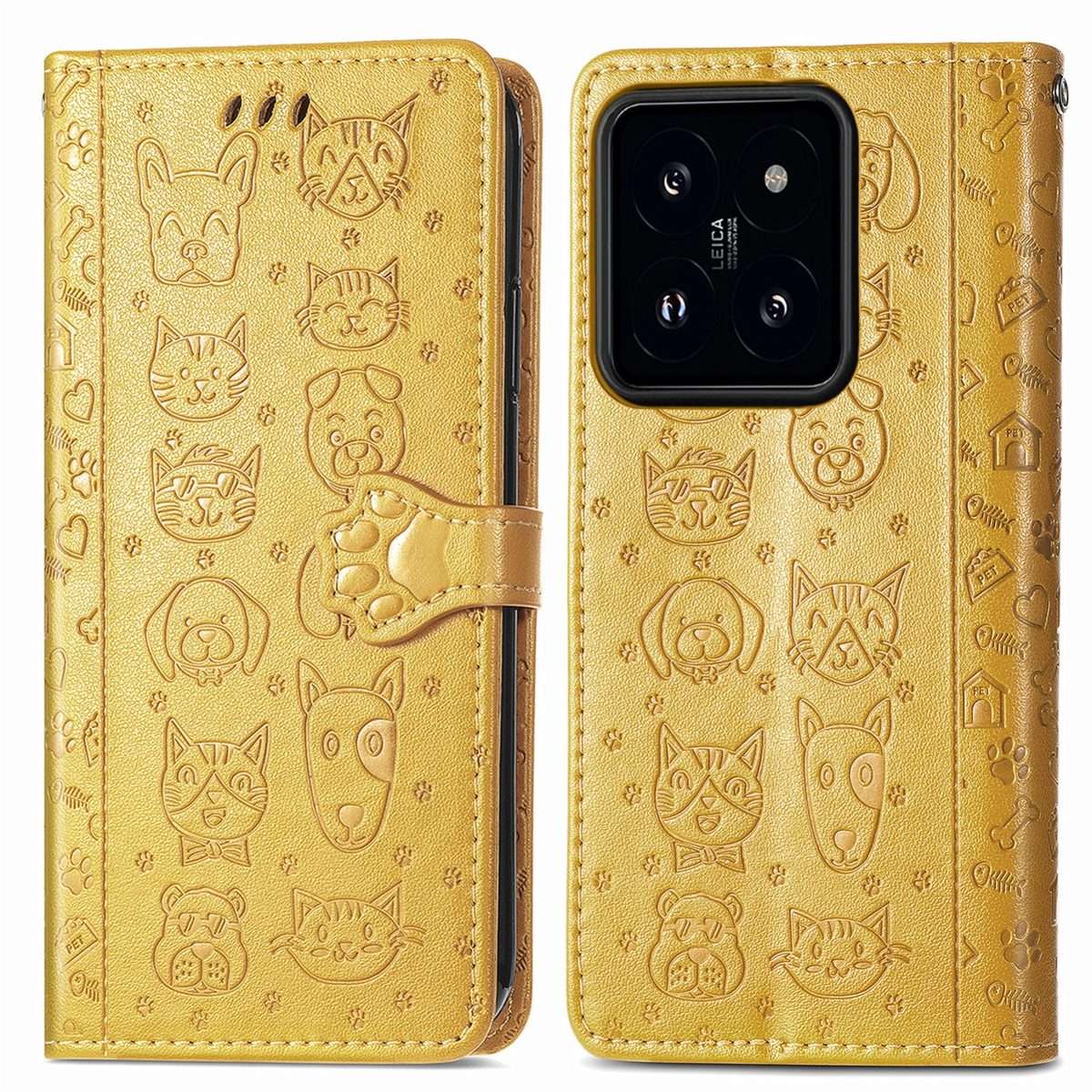 For Xiaomi 14 Pro Cat and Dog Embossed Leather Phone Case(Yellow)