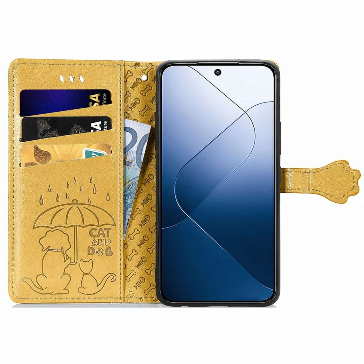 For Xiaomi 14 Pro Cat and Dog Embossed Leather Phone Case(Yellow)