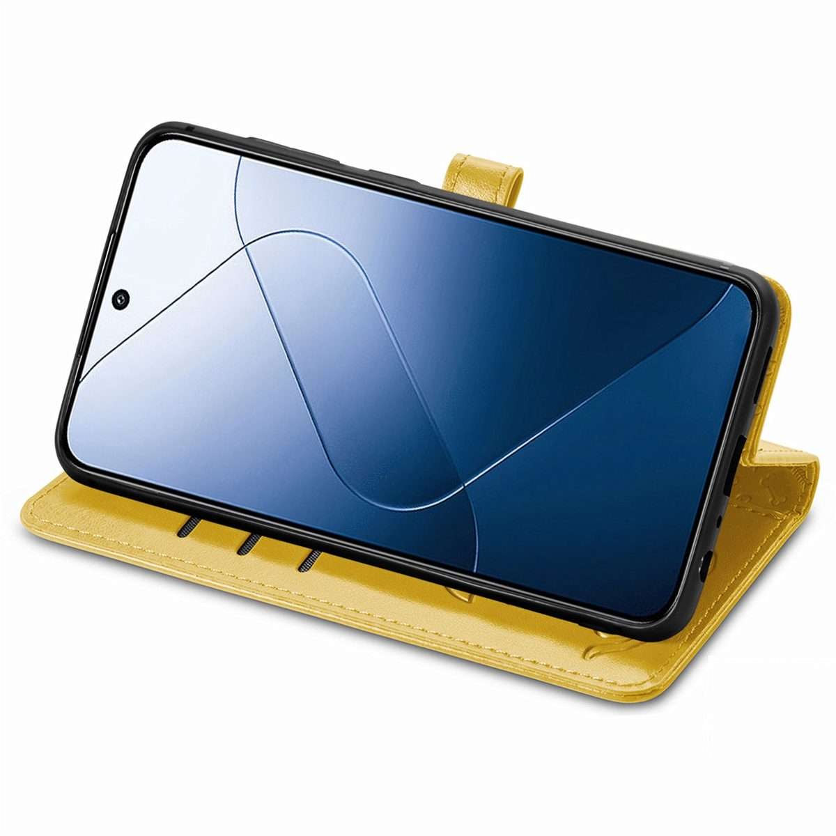 For Xiaomi 14 Pro Cat and Dog Embossed Leather Phone Case(Yellow)