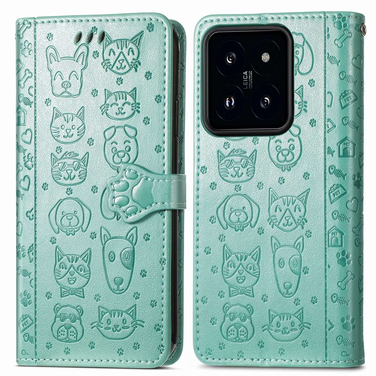For Xiaomi 14 Pro Cat and Dog Embossed Leather Phone Case(Green)