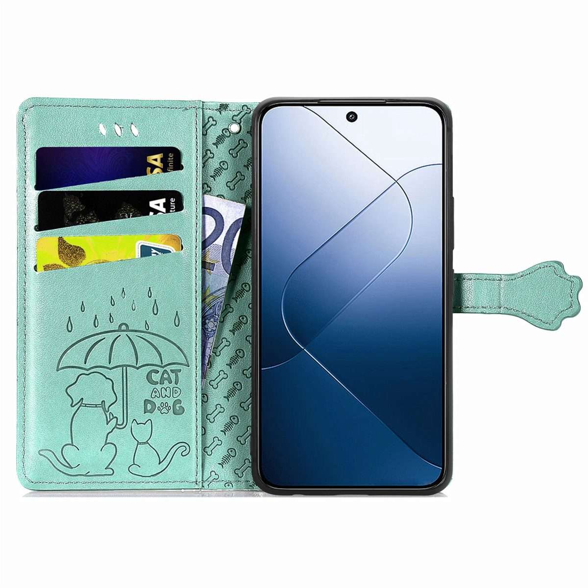 For Xiaomi 14 Pro Cat and Dog Embossed Leather Phone Case(Green)