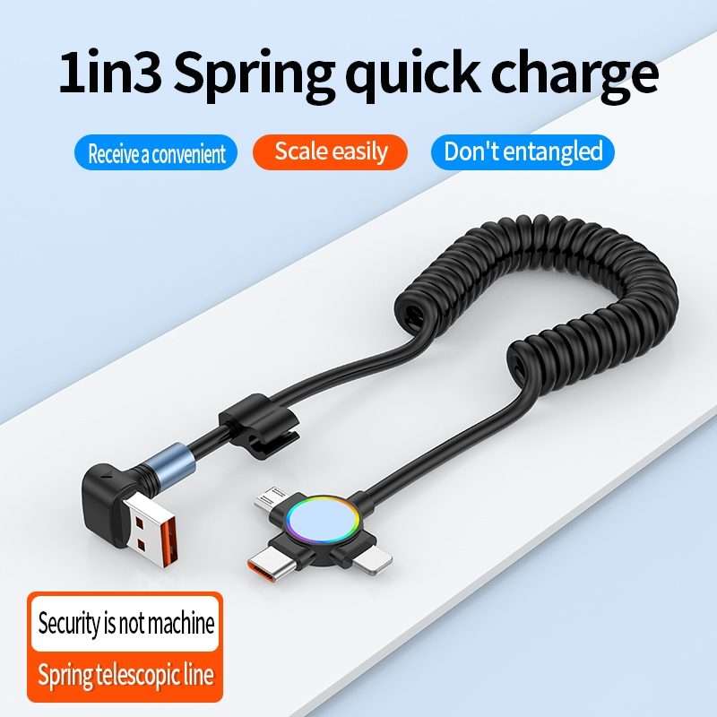 66W 3 in 1 USB to 8 Pin + Micro USB + USB-C / Type-C Fast Charging Elbow Spring Cable(Black)