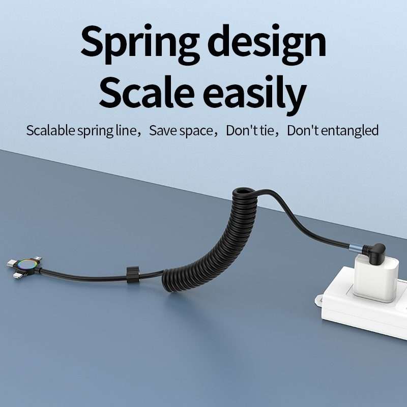 66W 3 in 1 USB to 8 Pin + Micro USB + USB-C / Type-C Fast Charging Elbow Spring Cable(Black)
