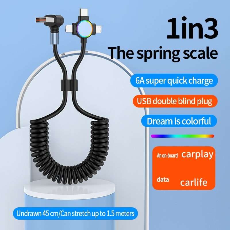 66W 3 in 1 USB Elbow to 8 Pin + Micro USB + USB-C / Type-C Fast Charging Spring Cable(Black)