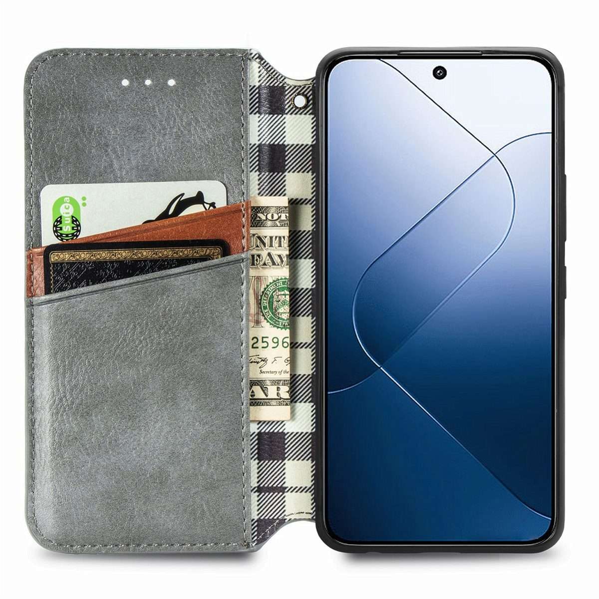 For Xiaomi 14 Pro Cubic Grid Pressed Magnetic Leather Phone Case(Grey)
