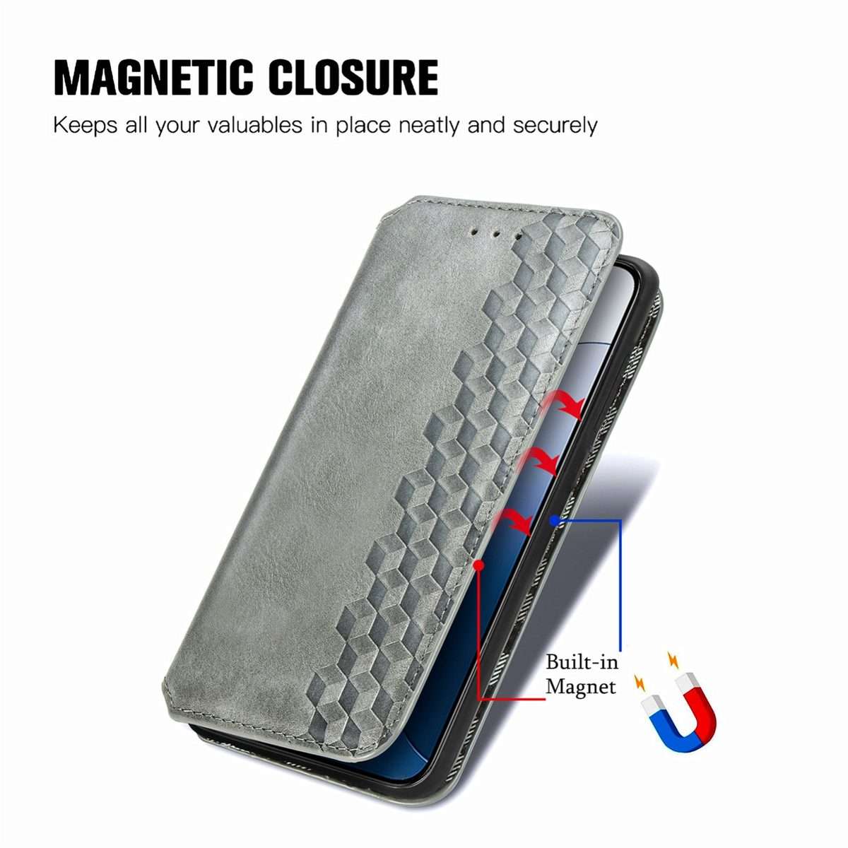 For Xiaomi 14 Pro Cubic Grid Pressed Magnetic Leather Phone Case(Grey)