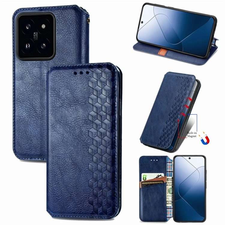 For Xiaomi 14 Pro Cubic Grid Pressed Magnetic Leather Phone Case(Blue)