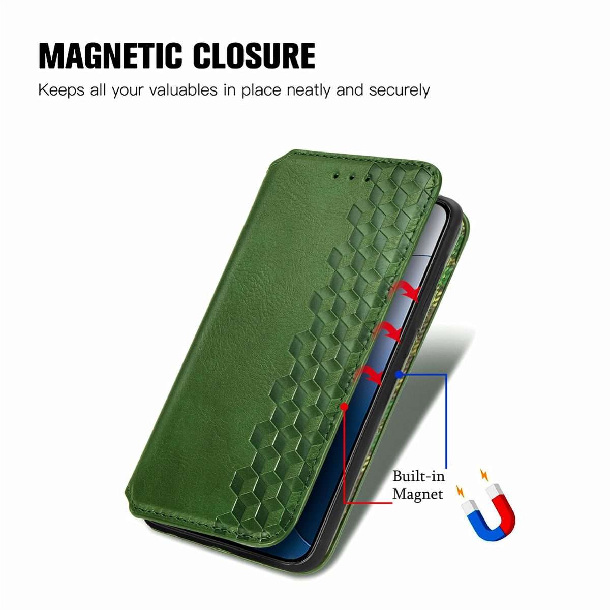For Xiaomi 14 Pro Cubic Grid Pressed Magnetic Leather Phone Case(Green)