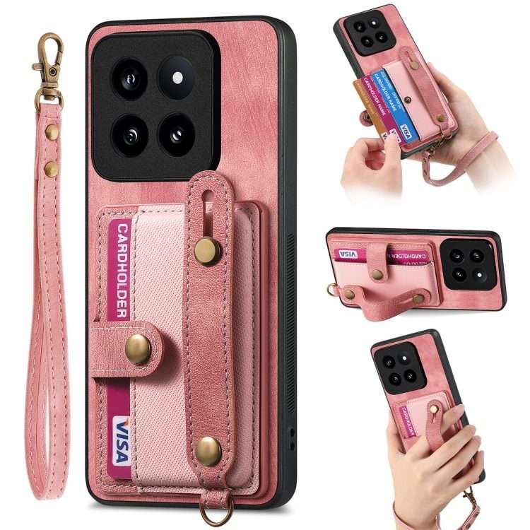 For Xiaomi 14 Pro Retro Cross Wristband Wallet Leather Back Phone Case(Pink)