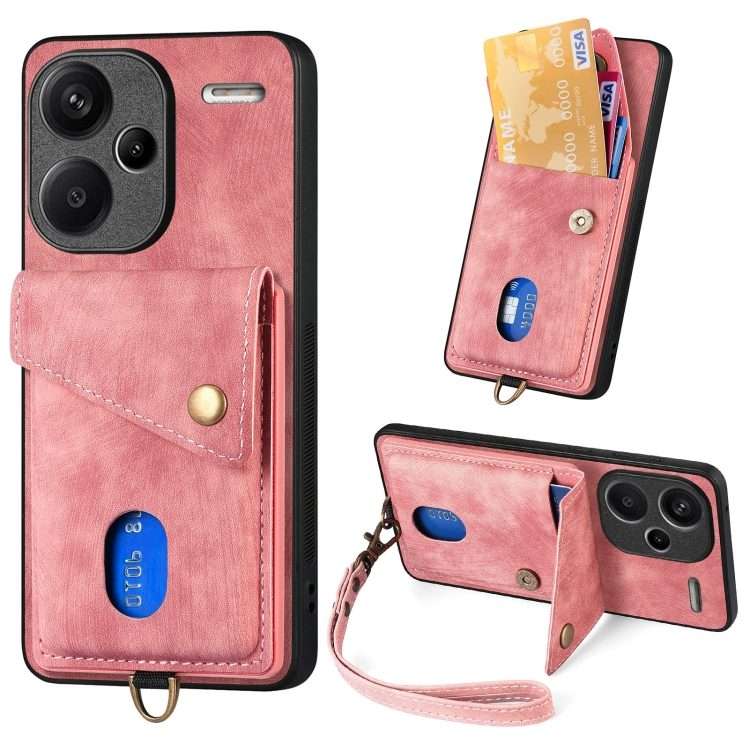For Xiaomi Redmi Note 13 Pro+ Retro Card Wallet Fold Leather Phone Case with Strap(Pink)
