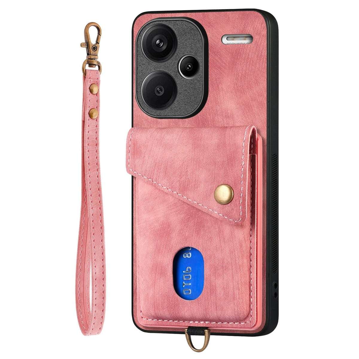 For Xiaomi Redmi Note 13 Pro+ Retro Card Wallet Fold Leather Phone Case with Strap(Pink)