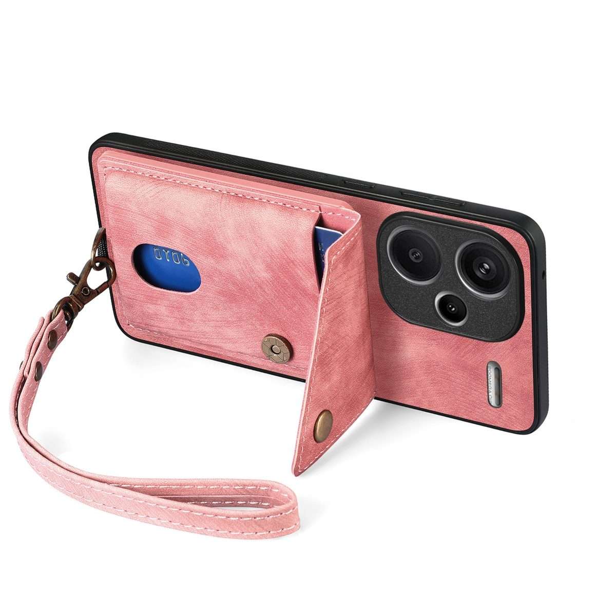 For Xiaomi Redmi Note 13 Pro+ Retro Card Wallet Fold Leather Phone Case with Strap(Pink)