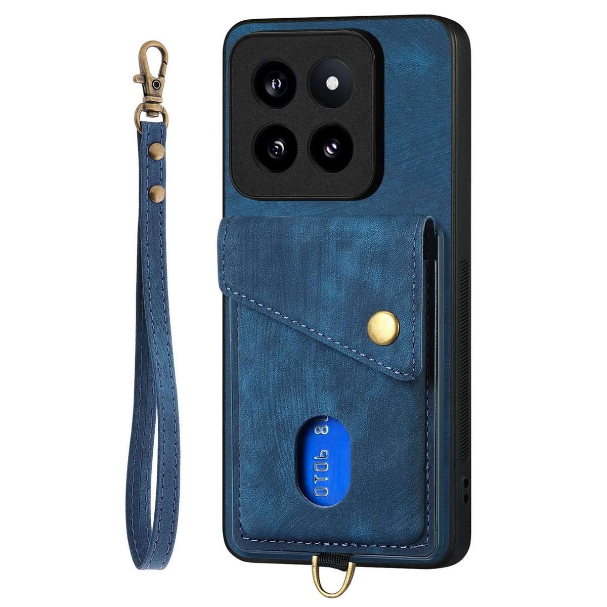 For Xiaomi 14 Pro Retro Card Wallet Fold Leather Phone Case with Strap(Blue)