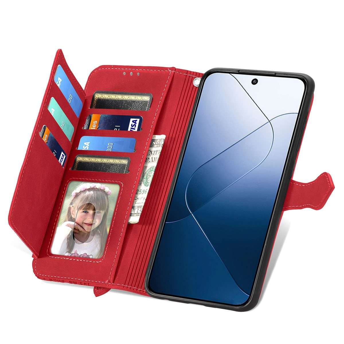 For Xiaomi 14 Pro Embossed Flower Zipper Leather Phone Case(Red)