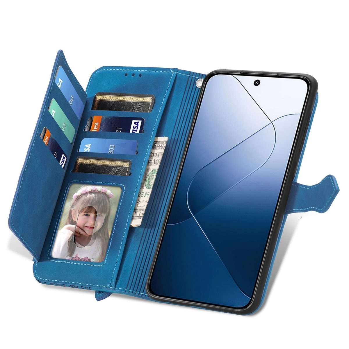 For Xiaomi 14 Pro Embossed Flower Zipper Leather Phone Case(Blue)