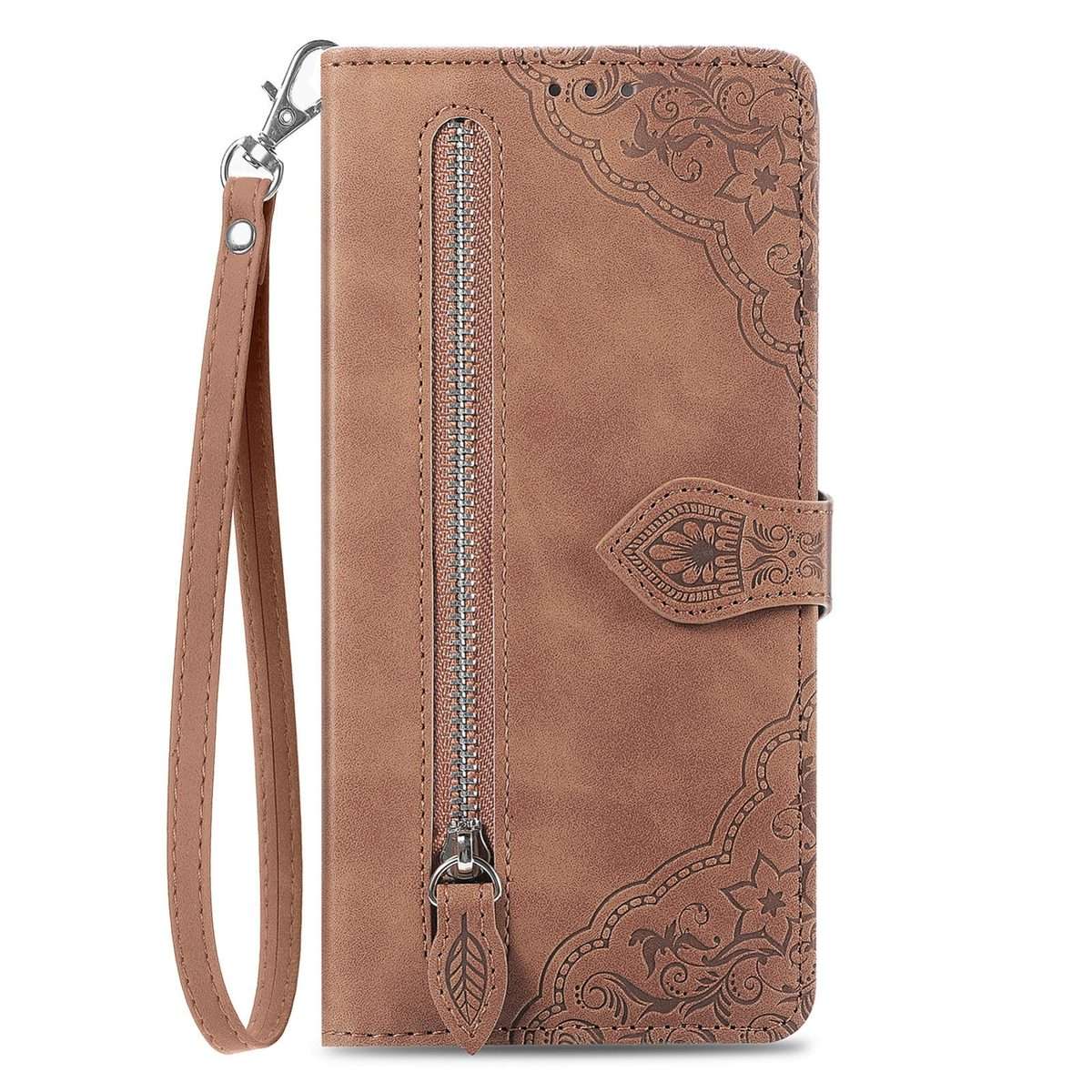For Xiaomi 14 Pro Embossed Flower Zipper Leather Phone Case(Brown)