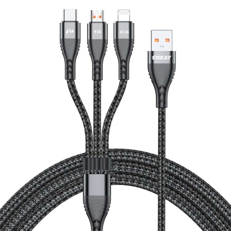 ENKAY 3-in-1 6A USB to Type-C / 8 Pin / Micro USB Multifunction Fast Charging Cable, C ... (Black)
