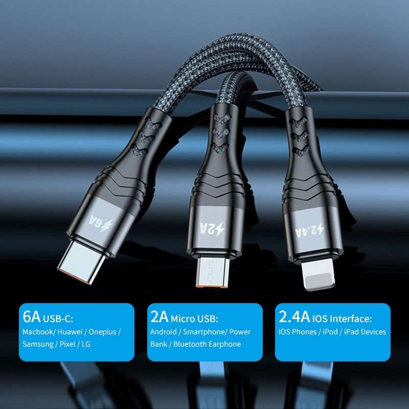 ENKAY 3-in-1 6A USB to Type-C / 8 Pin / Micro USB Multifunction Fast Charging Cable, C ... (Black)