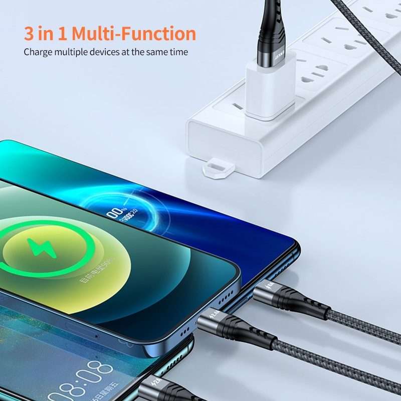 ENKAY 3-in-1 6A USB to Type-C / 8 Pin / Micro USB Multifunction Fast Charging Cable, C ... (Black)