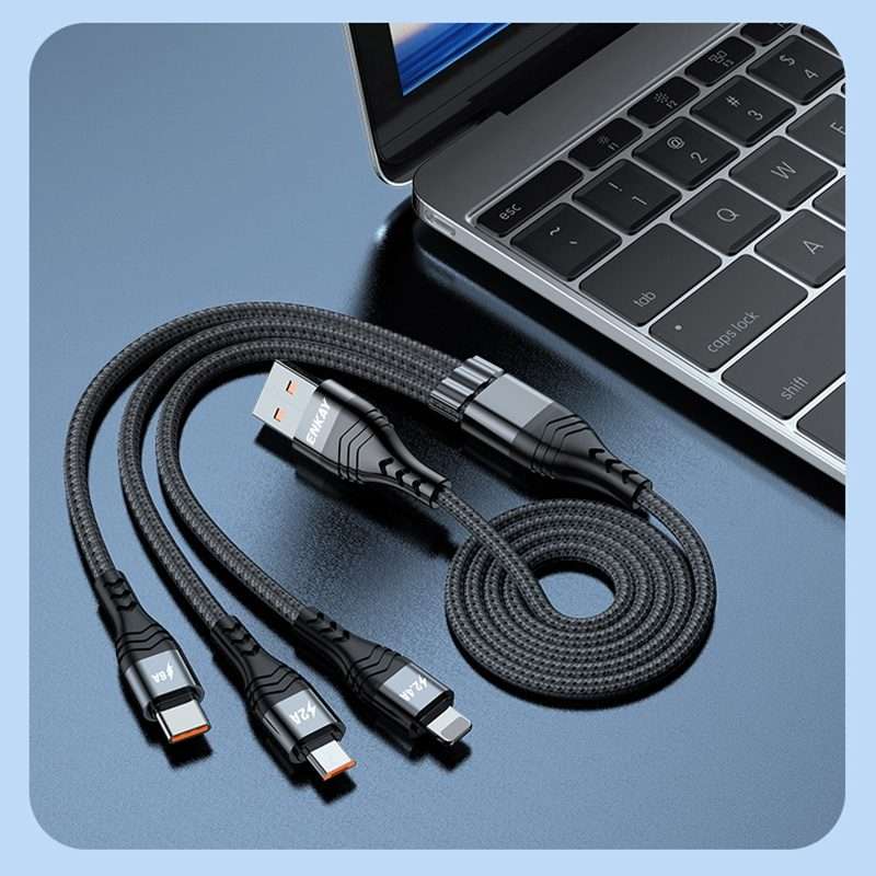 ENKAY 3-in-1 6A USB to Type-C / 8 Pin / Micro USB Multifunction Fast Charging Cable, C ... (Black)