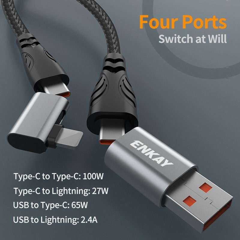 ENKAY PD100W 4-in-1 USB-A / Type-C to Type-C / 8 Pin Multifunction Fast Charging Cable with E-Mark