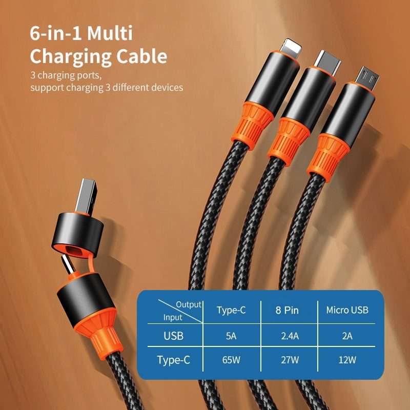 ENKAY 6-in-1 5A USB + Type-C to Type-C / 8 Pin / Micro USB Multifunction Fast C ... (Black Orange)