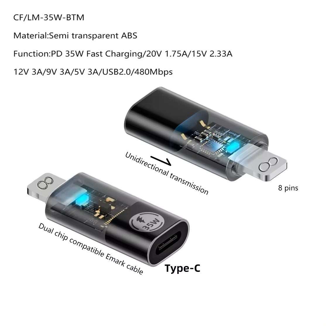 Type-C Male to 8 Pin Female 35W Data Transmission Charging Converter Adapter