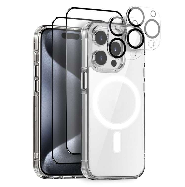 For iPhone 15 Pro Max NORTHJO 5 in 1 Magsafe Clear Phone Case with 2pcs Screen Film + 2pcs Rear Le