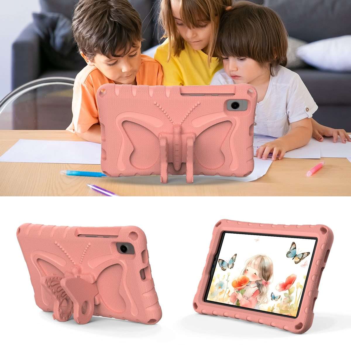 For Samsung Galaxy Tab A11 / A9 Butterfly Bracket EVA Shockproof Tablet Case(Pink Orange)