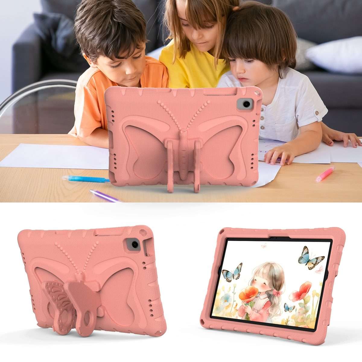 For Samsung Galaxy Tab A11+ / A9+ Butterfly Bracket EVA Shockproof Tablet Case(Pink Orange)