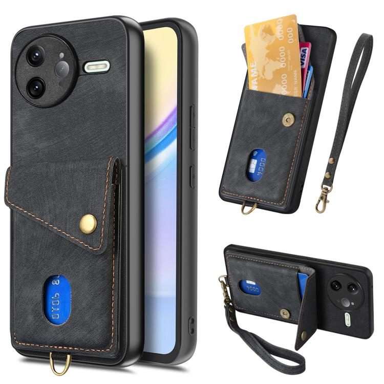 For Redmi K80 Pro / Poco F7 Ultra Retro Card Wallet Fold Leather Phone Case with Strap(Black)