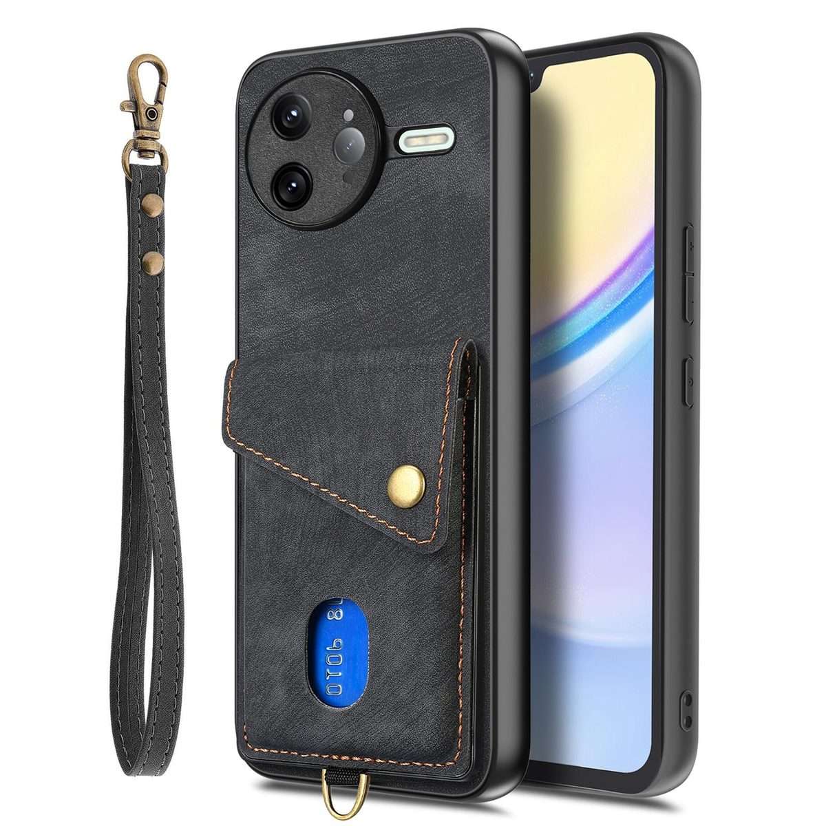 For Redmi K80 Pro / Poco F7 Ultra Retro Card Wallet Fold Leather Phone Case with Strap(Black)