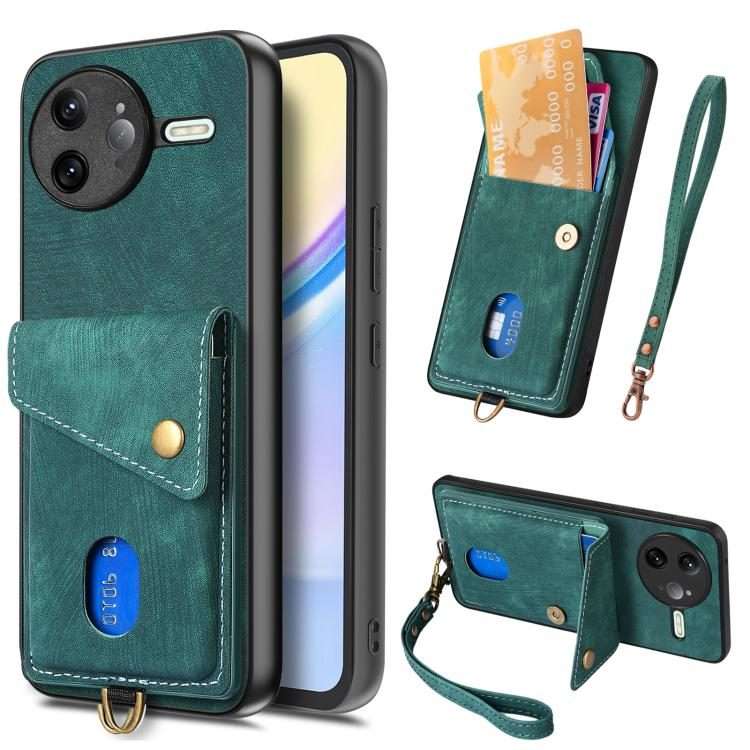 For Redmi K80 Pro / Poco F7 Ultra Retro Card Wallet Fold Leather Phone Case with Strap(Green)