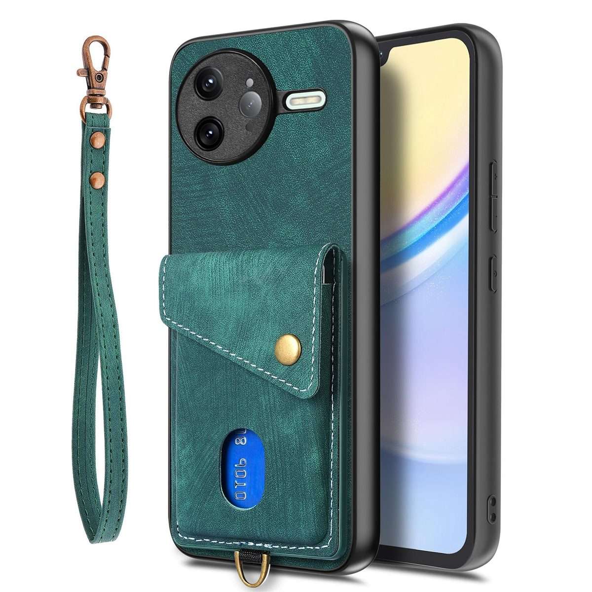 For Redmi K80 Pro / Poco F7 Ultra Retro Card Wallet Fold Leather Phone Case with Strap(Green)