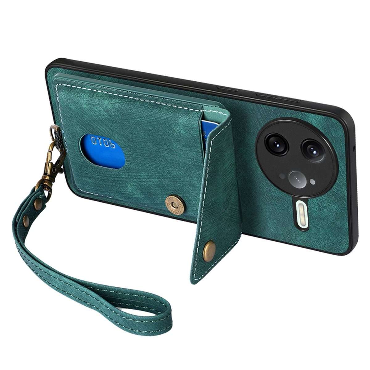 For Redmi K80 Pro / Poco F7 Ultra Retro Card Wallet Fold Leather Phone Case with Strap(Green)