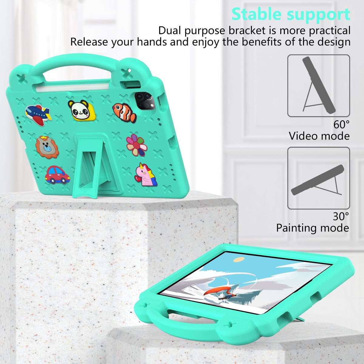 For iPad Pro 11 2025 / 2024 Handle Kickstand Children EVA Shockproof Tablet Case(Mint Green)