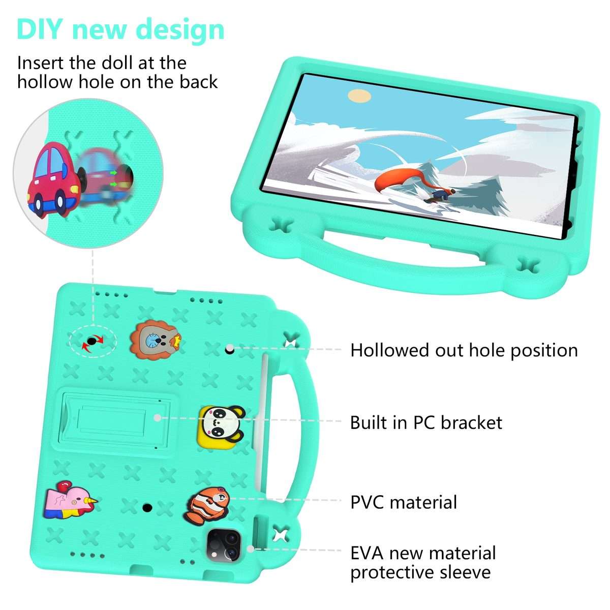 For iPad Pro 11 2025 / 2024 Handle Kickstand Children EVA Shockproof Tablet Case(Mint Green)