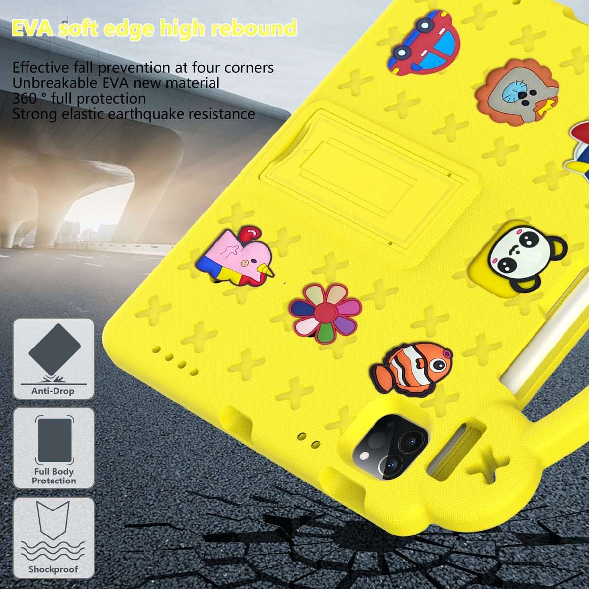For iPad Pro 11 2025 / 2024 Handle Kickstand Children EVA Shockproof Tablet Case(Yellow)