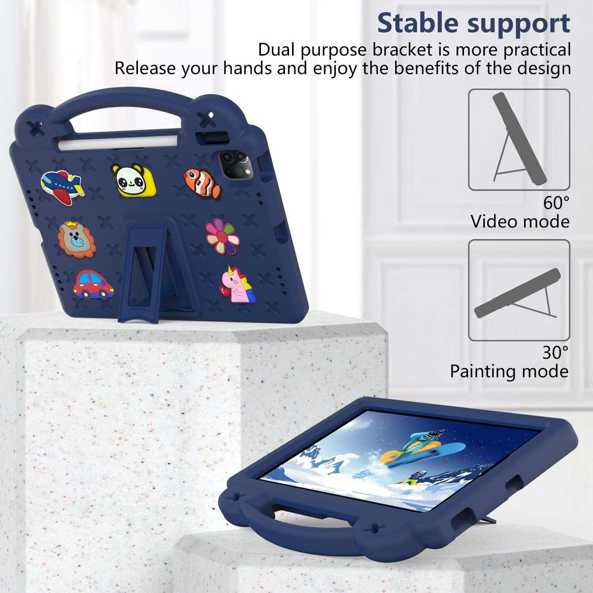 For iPad Pro 11 2025 / 2024 Handle Kickstand Children EVA Shockproof Tablet Case(Navy Blue)
