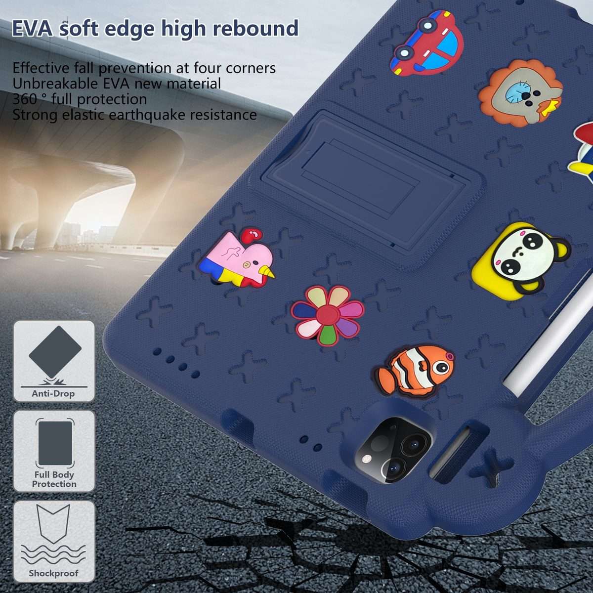 For iPad Pro 11 2025 / 2024 Handle Kickstand Children EVA Shockproof Tablet Case(Navy Blue)