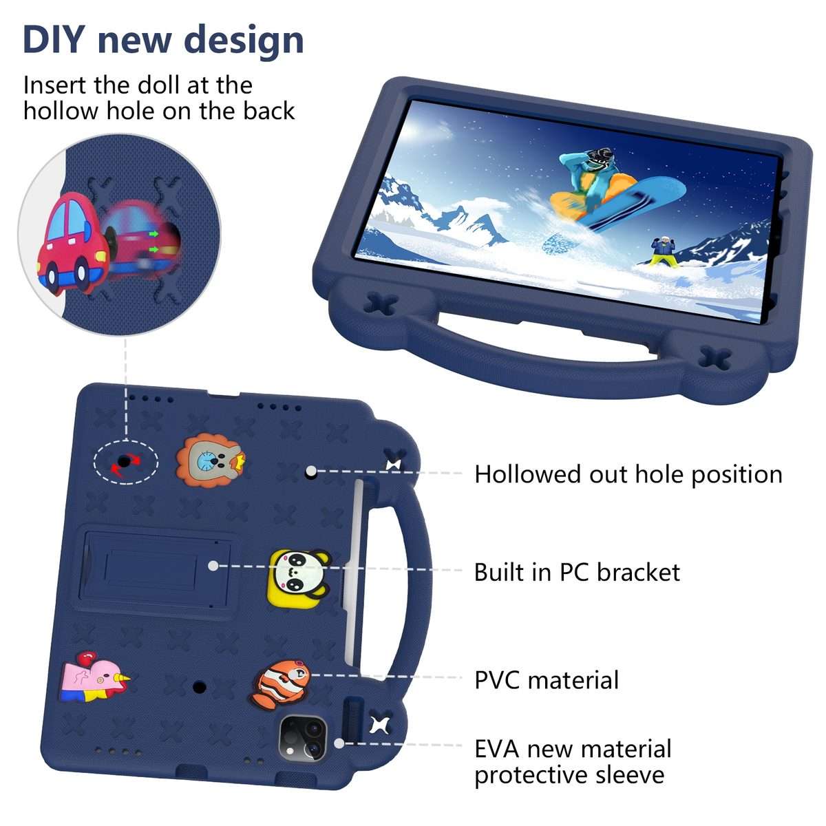 For iPad Pro 11 2025 / 2024 Handle Kickstand Children EVA Shockproof Tablet Case(Navy Blue)