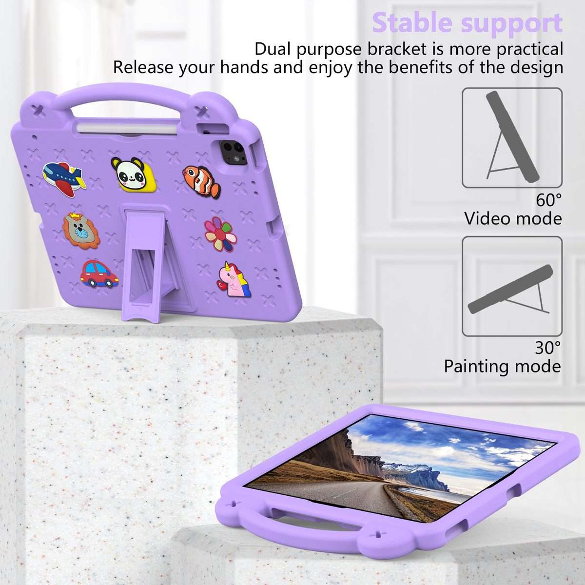For iPad Pro 13 2025 / 2024 Handle Kickstand Children EVA Shockproof Tablet Case(Light Purple)