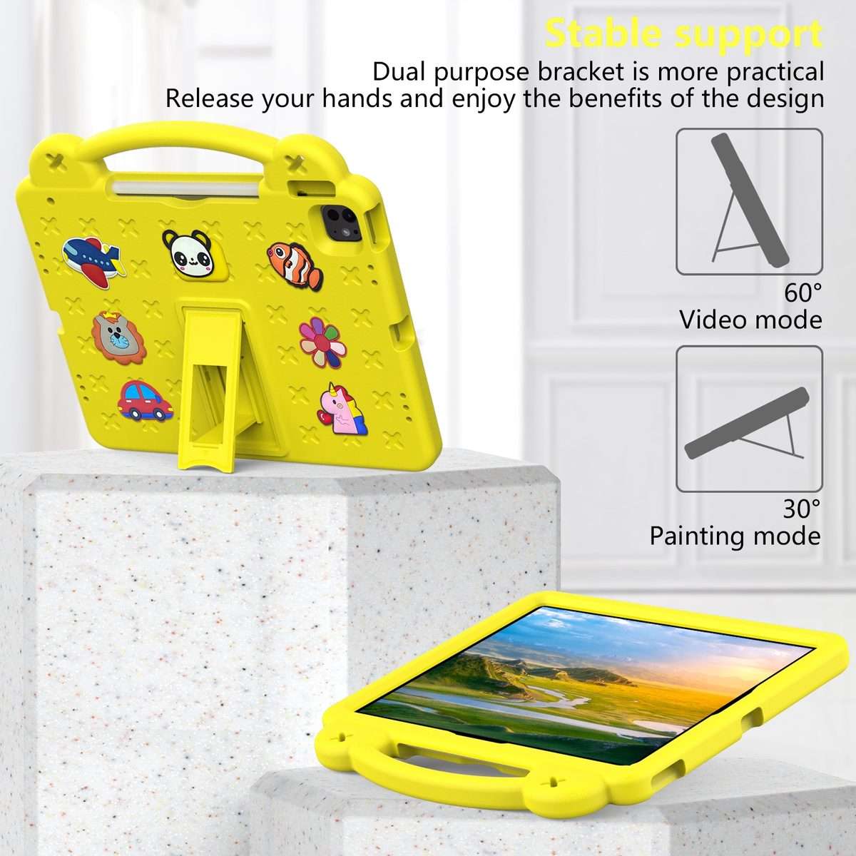 For iPad Pro 12.9 2022 / 2021 Handle Kickstand Children EVA Shockproof Tablet Case(Yellow)