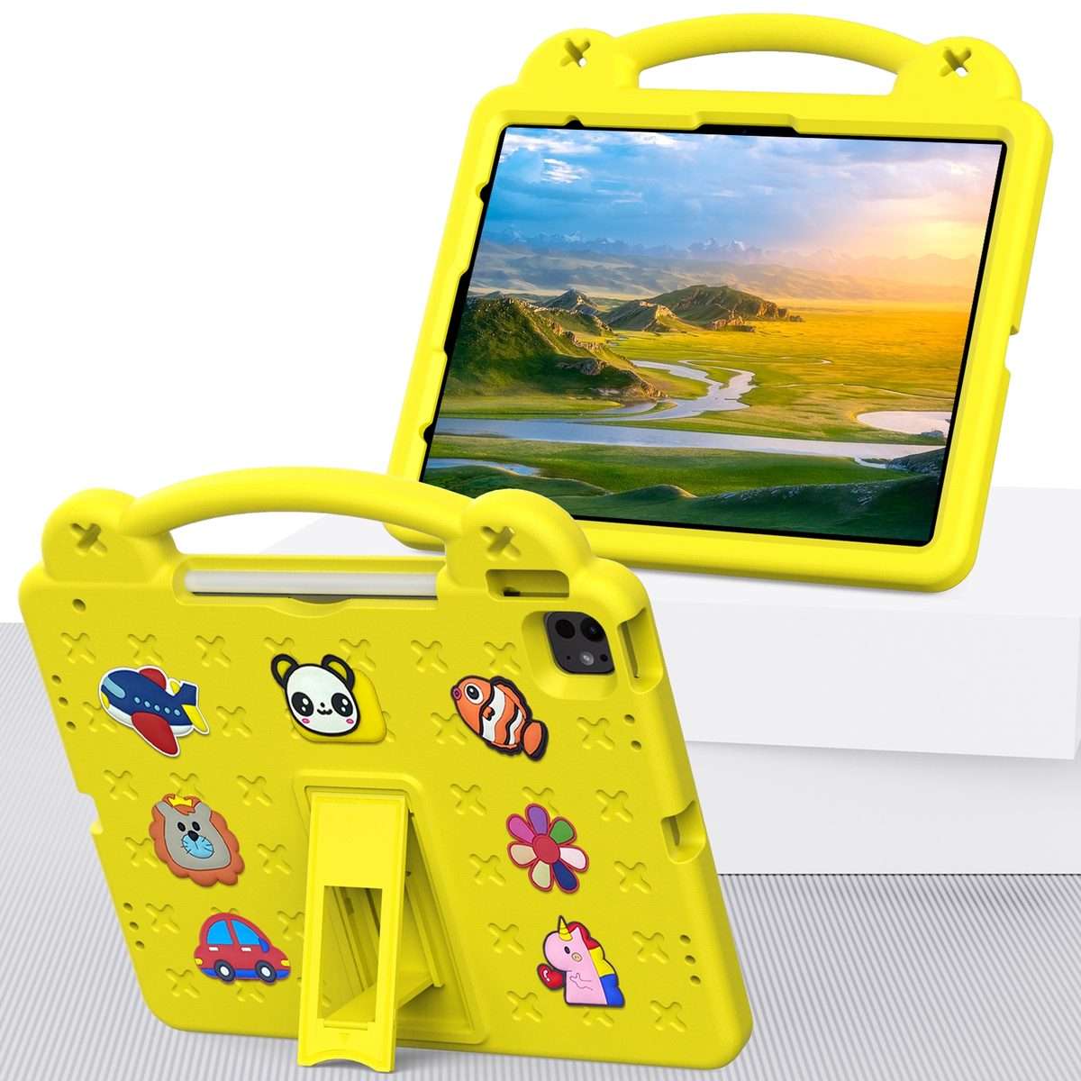 For iPad Pro 12.9 2022 / 2021 Handle Kickstand Children EVA Shockproof Tablet Case(Yellow)