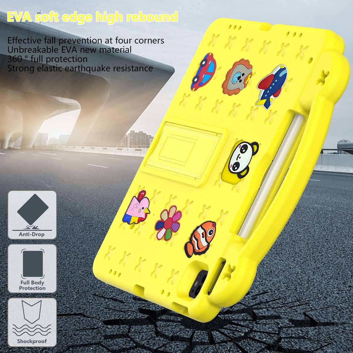 For iPad Pro 12.9 2022 / 2021 Handle Kickstand Children EVA Shockproof Tablet Case(Yellow)