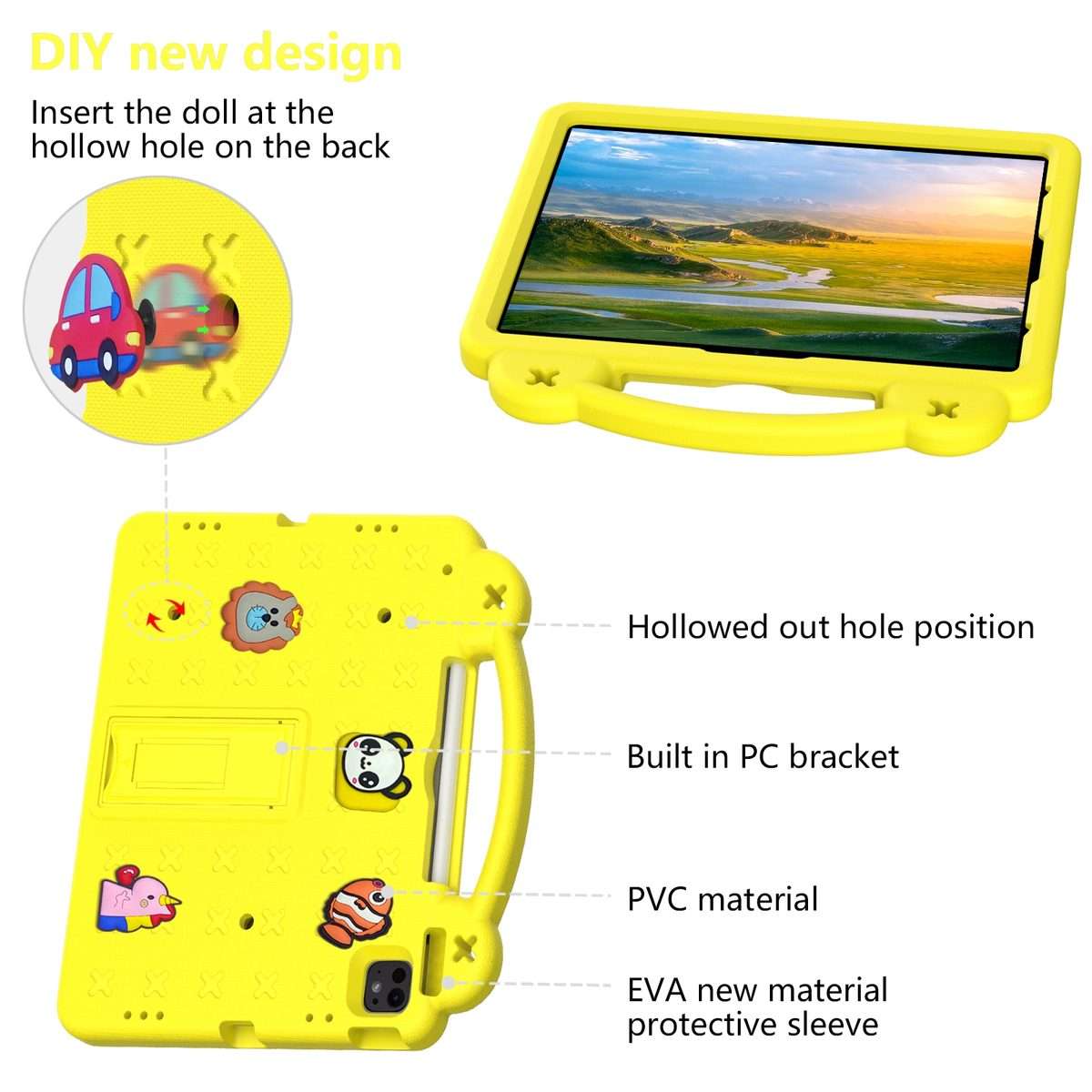 For iPad Pro 12.9 2022 / 2021 Handle Kickstand Children EVA Shockproof Tablet Case(Yellow)
