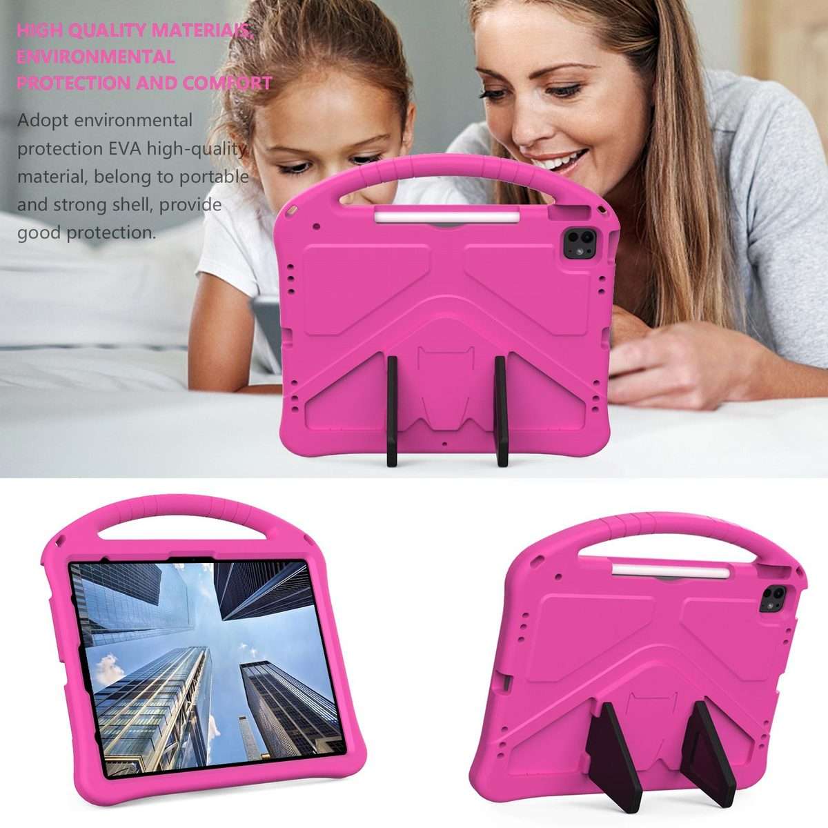 For iPad Pro 12.9 2022 / 2021 EVA Shockproof Tablet Case with Holder(RoseRed)
